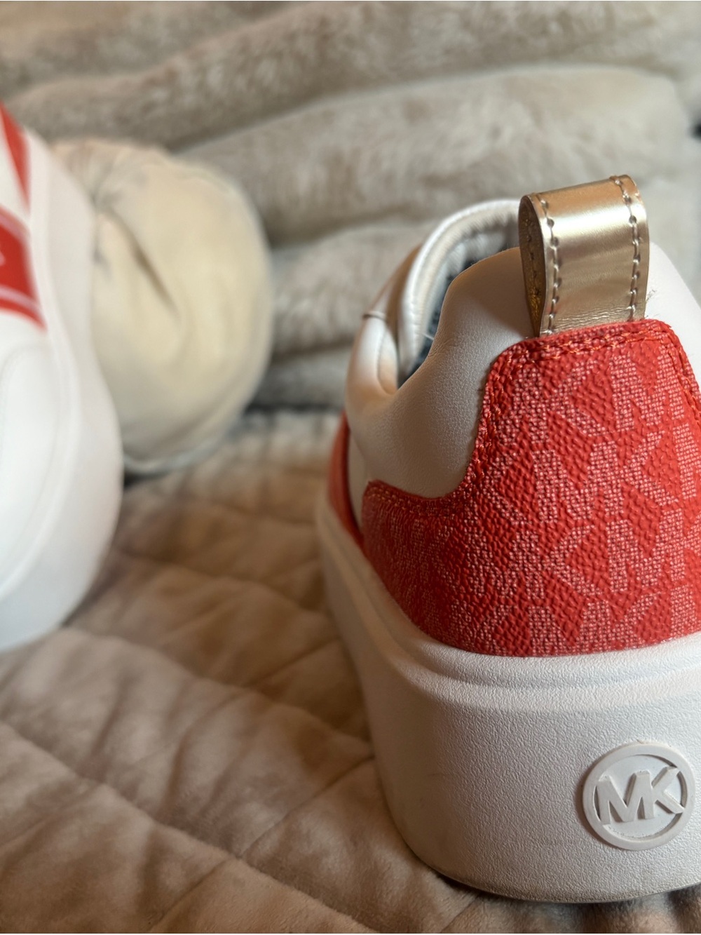 Michael Kors Kids White Sneakers with Coral Logo Panel